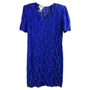 JMD New York Vintage Blue Silk Beaded Sequin Dress Size XL Style D-1132